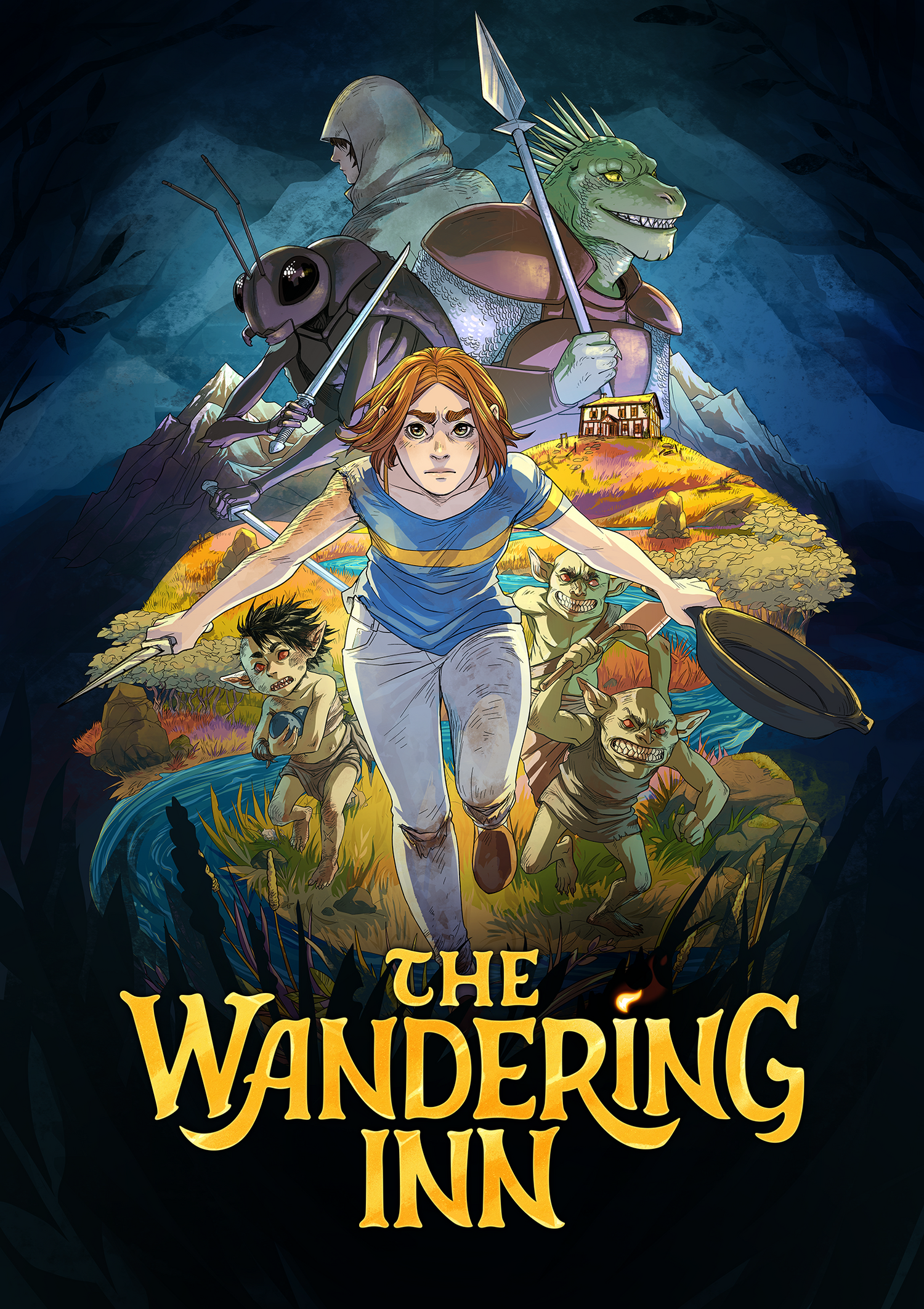 The Wandering Inn comic adaptation cover featuring main cast from the first volume of the web novel