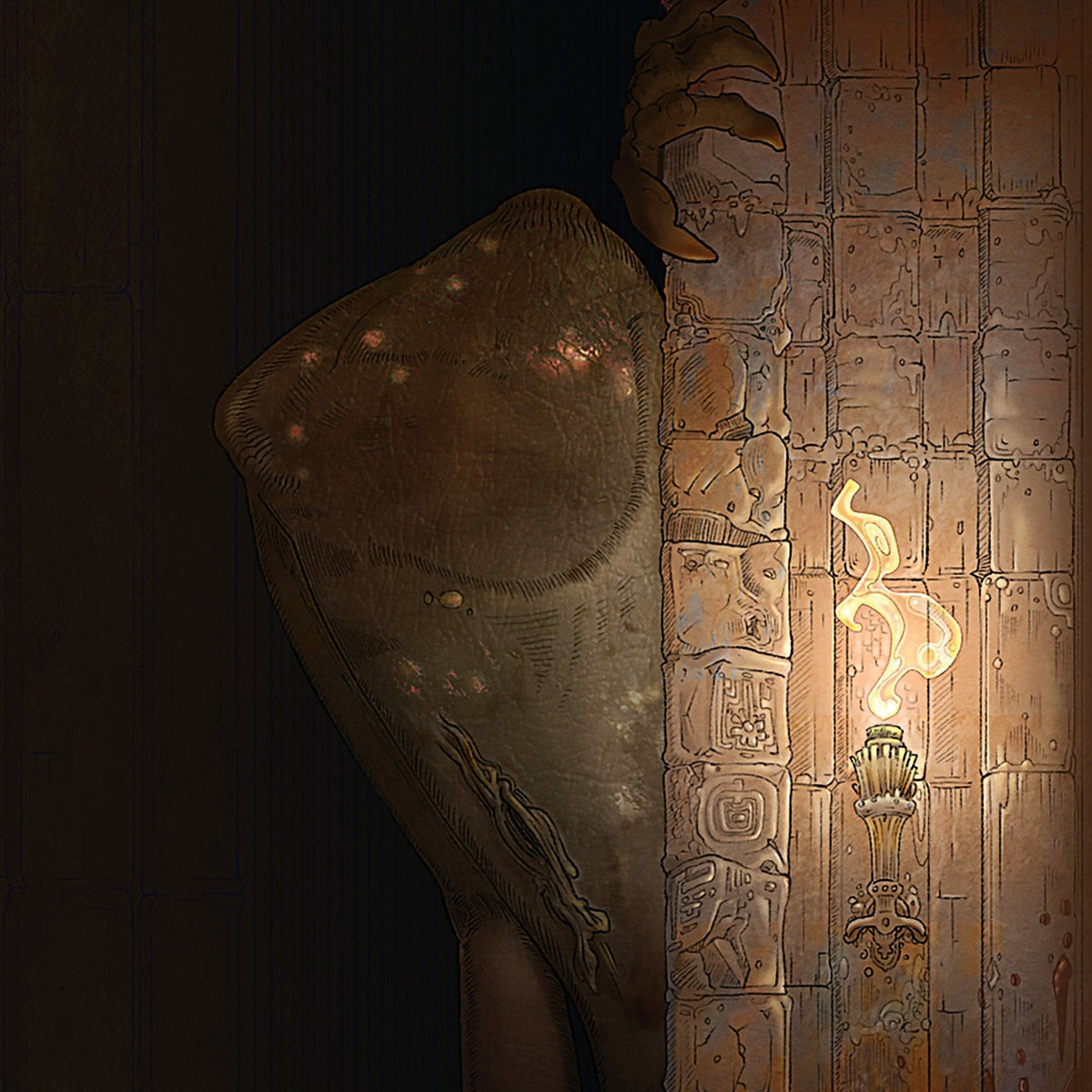 The Facestealer half hidden in shadow beside a torch-lit stone wall, Halloween at the Inn