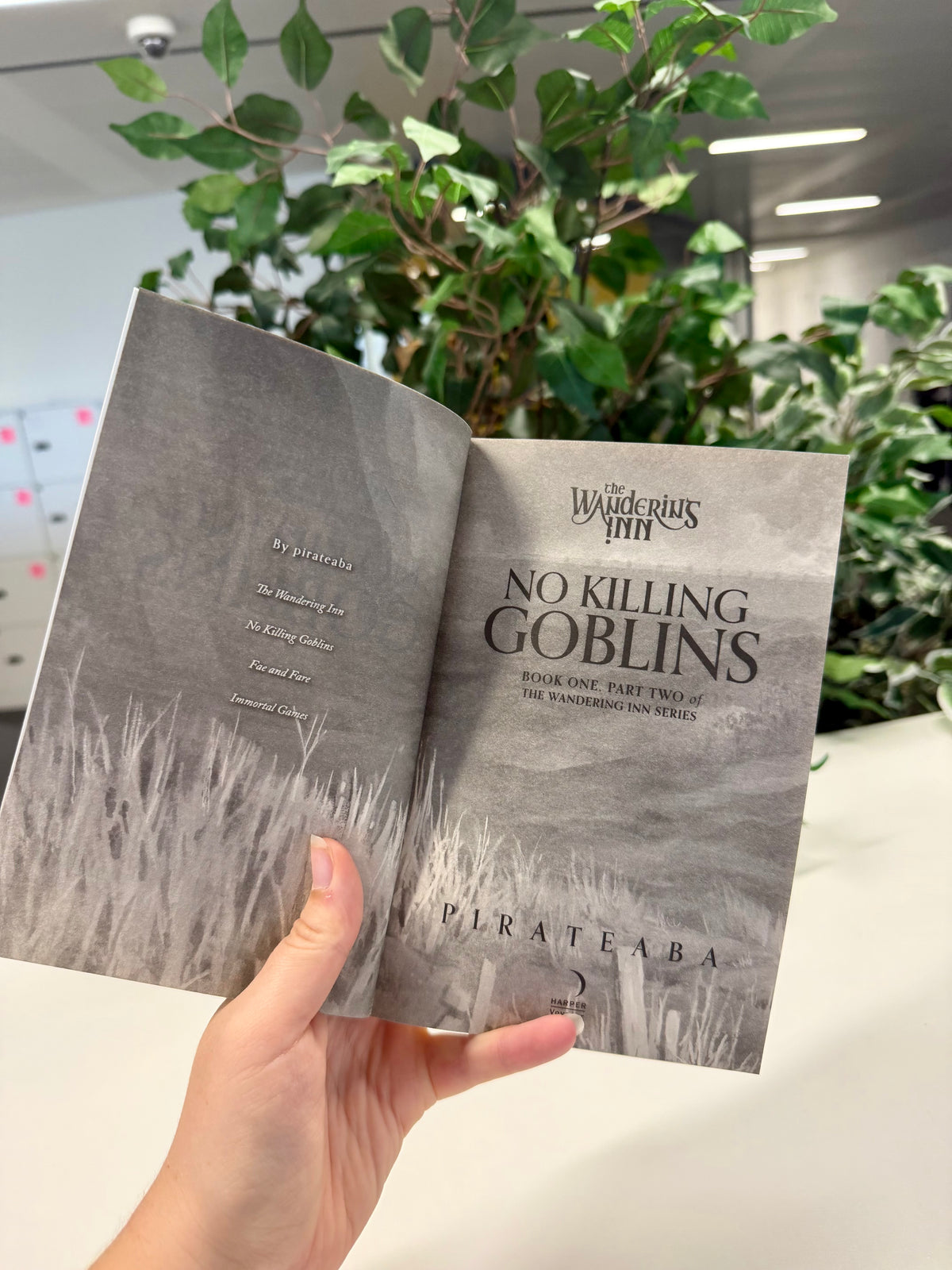 No Killing Goblins paperback open to the title page, with the list of books by pirateaba on the facing page