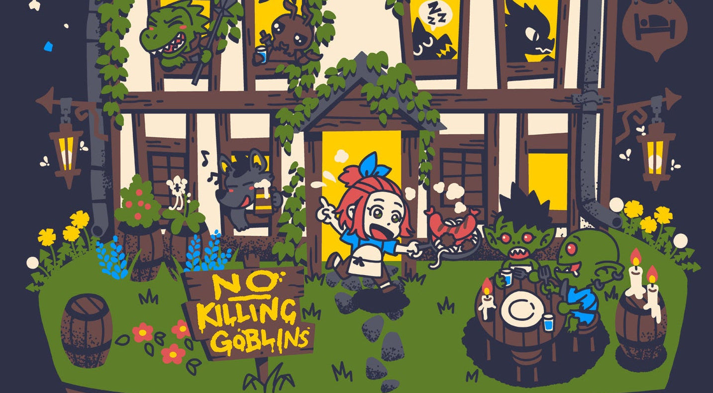 Cartoon scene with a character and goblins in front of a building with 'No Killing Goblins' sign.