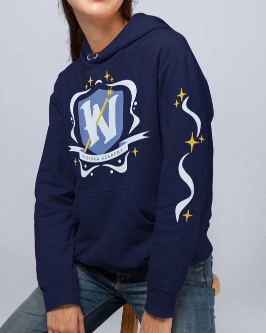 Person wearing a Wistram Navy hoodie | The Wandering Inn | Pirateaba Merch