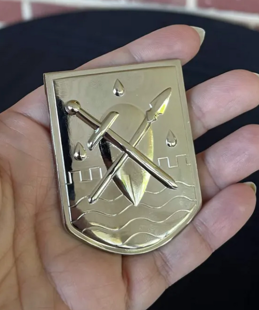 The Liscor City Watch badge in hand, angled to show the polished relief of the sword, spear and waves